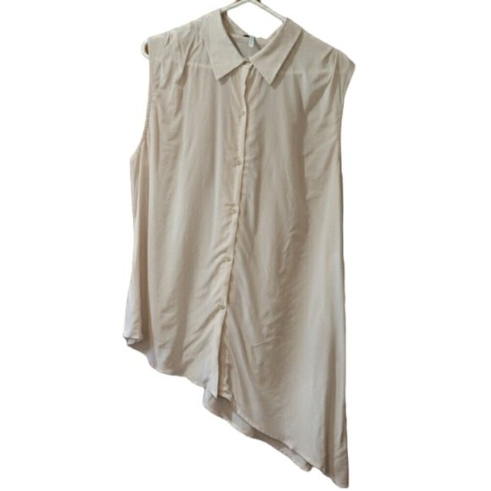 Leith Acymmetric Cream Button Down Sleeveless Silk Blouse NWT LG